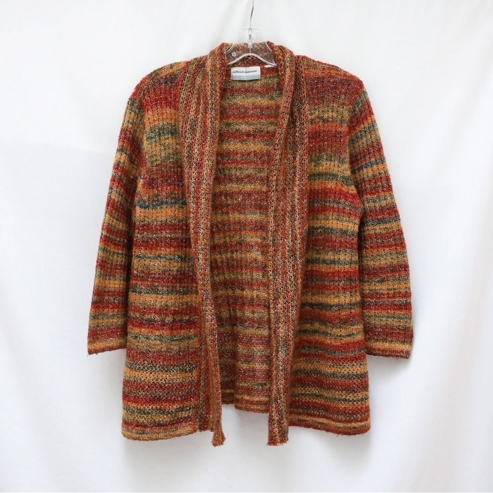 Alfred Dunner Multicolor Striped Open-Front Cardigan in Rust and Green